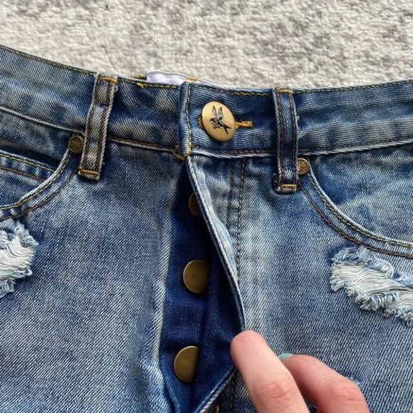 One by One Teaspoon Jean denim Skirt High Rise Fitted Mid Length distressed 25 - Picture 4 of 12